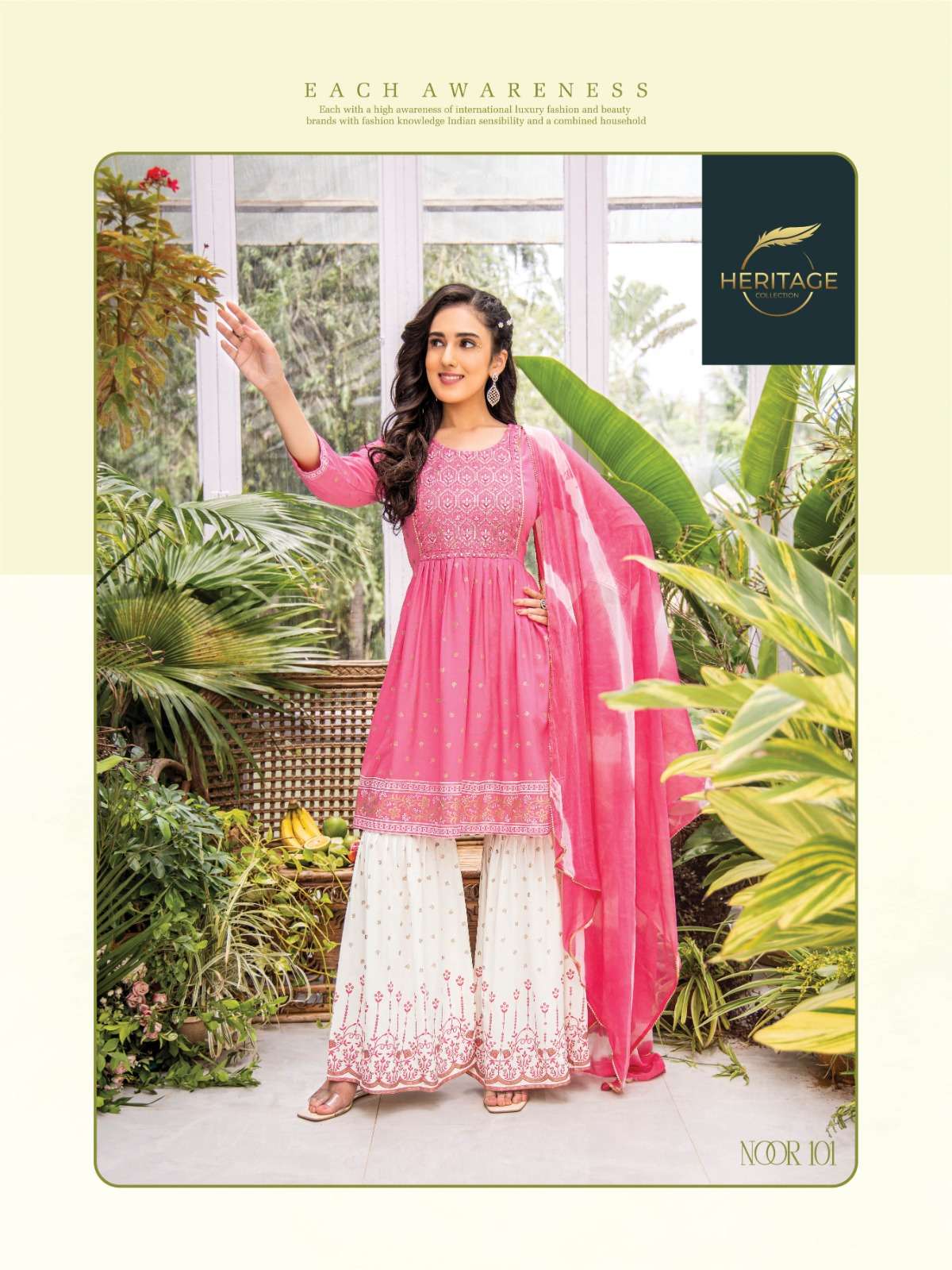 NOOR RAYON SLUB PRINTED SEQUENCE EMBROIDERY WORK SHARARA AND DYED CHIFFON DUPATTA BY HARITAGE BRAND 101